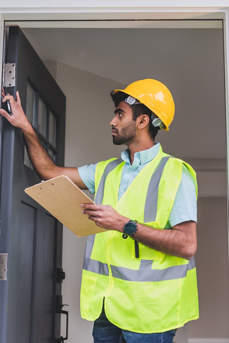 A home inspector in safety vest and hard hat checks doorframe alignment with clipboard outdoors.